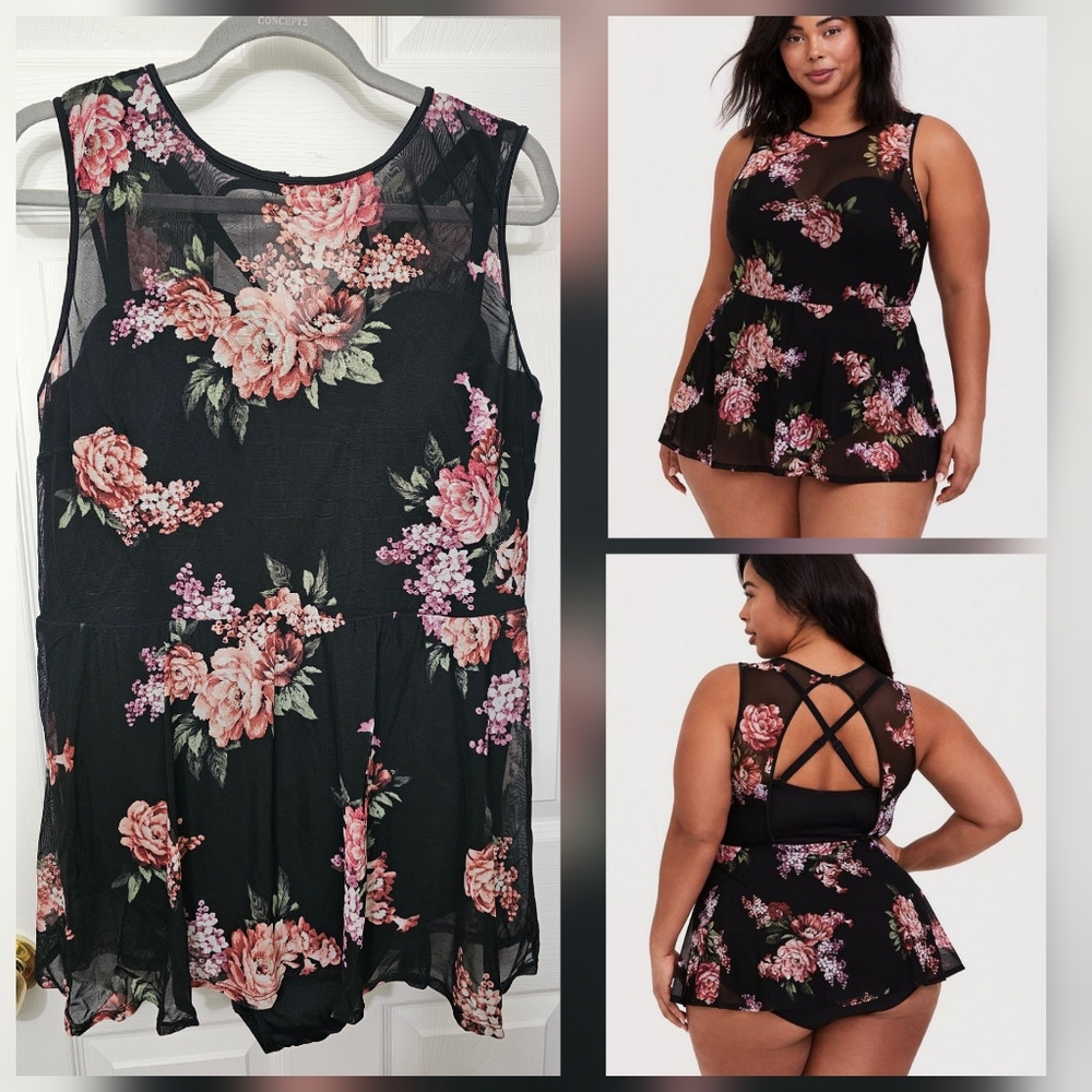 Torrid 3F Floral Mesh Peplum One Piece Swimdress